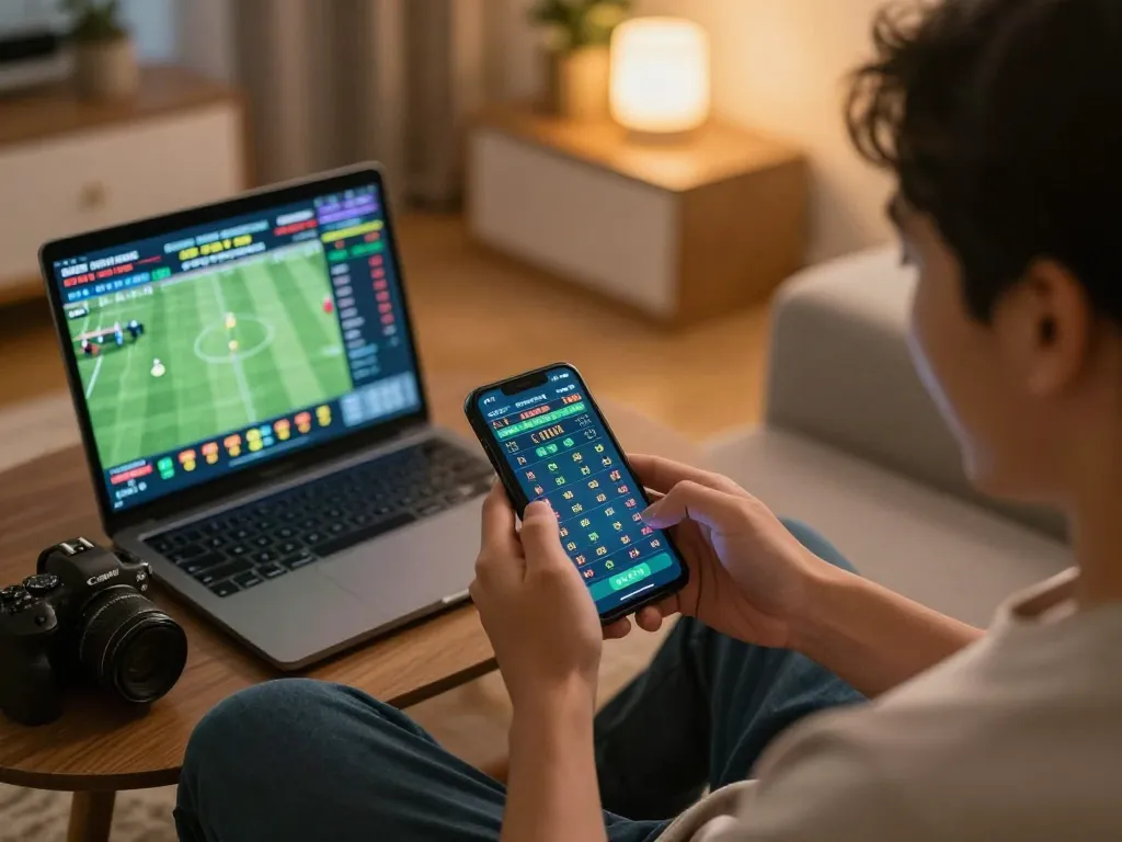 Placing bets on LV88 sports betting app showing odds and live matches, showcasing excitement in a comfortable home.