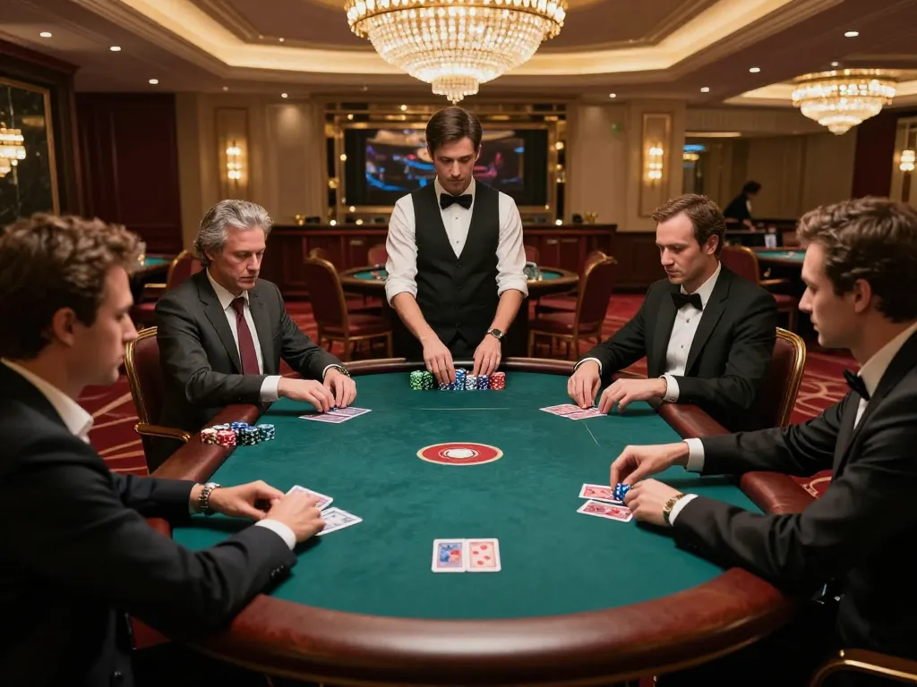 Players engaged in competitive poker game at 678vip trang chủ, showcasing strategic betting and lavish casino atmosphere.