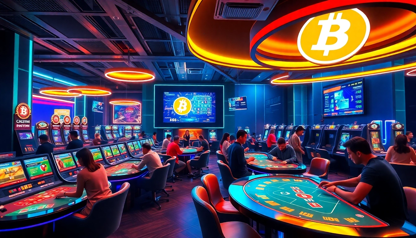 Exciting scene of a bitcoin casino with diverse players enjoying games amidst vibrant lights.