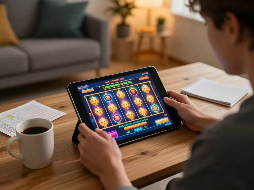Engaging gameplay at online casino showing slot gacor hari ini on tablet with cozy home setting.