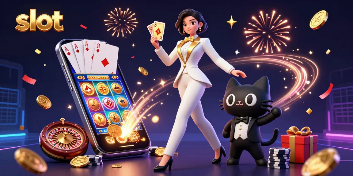 Shuffling a golden deck of cards, the glamorous woman engages with a colorful slot game alongside a stylish cat.