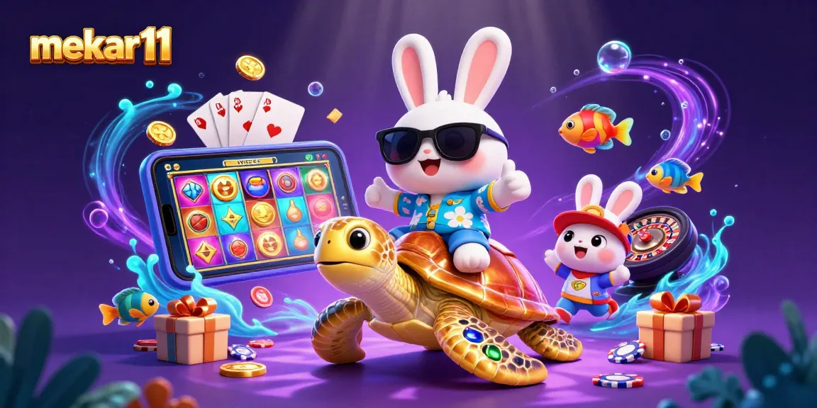Mekar11 showcases advanced slot game features with playful characters in an immersive casino setting.