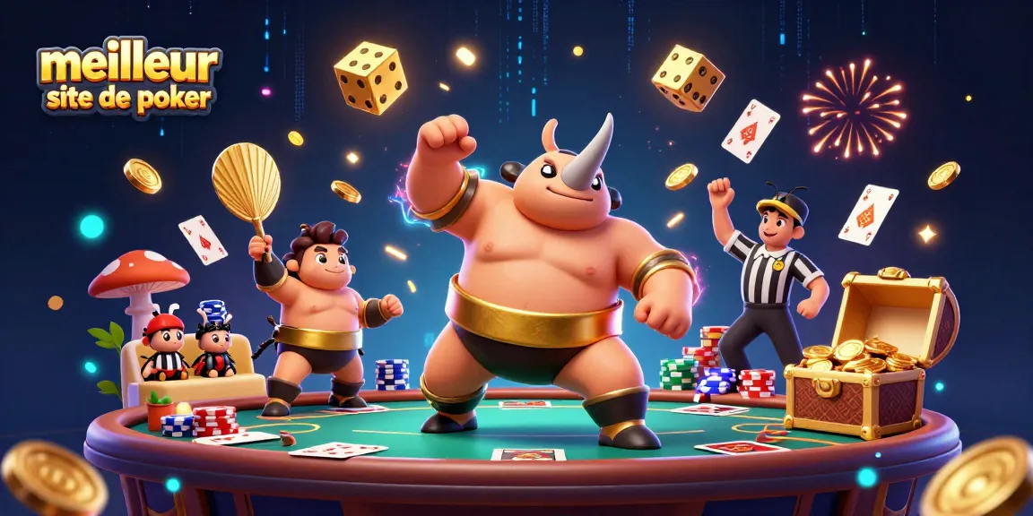 Dévoilement du meilleur site de poker, avec des personnages de blattes, une table de poker et des effets scintillants.