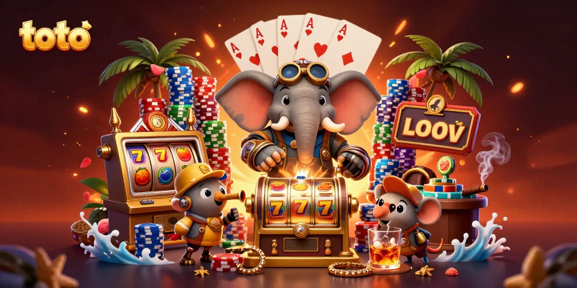 Toto-themed casino scene with a steampunk elephant engineer operating a vibrant slot machine.