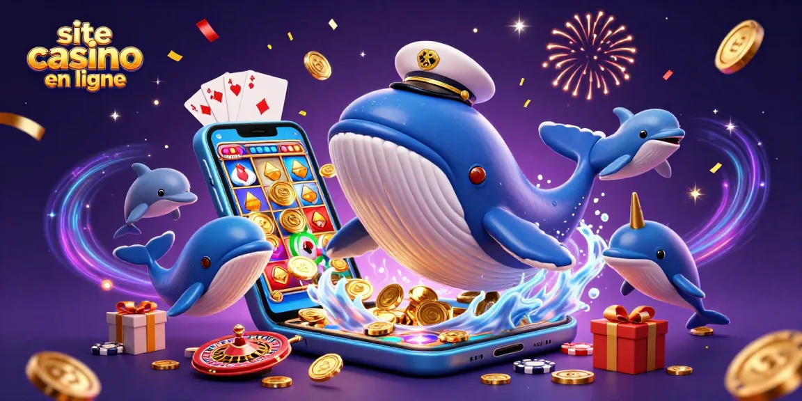 Plongez dans l'univers du site casino en ligne avec cette illustration dynamique, mettant en avant une baleine géante, un narval et des dauphins amusants.