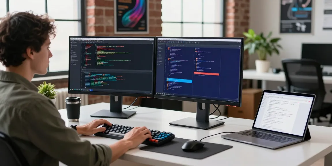Professional coding workspace illustrating a developer using dual monitors and collaboration tools, showcasing the essence of 纸飞机官网 in a tech environment.