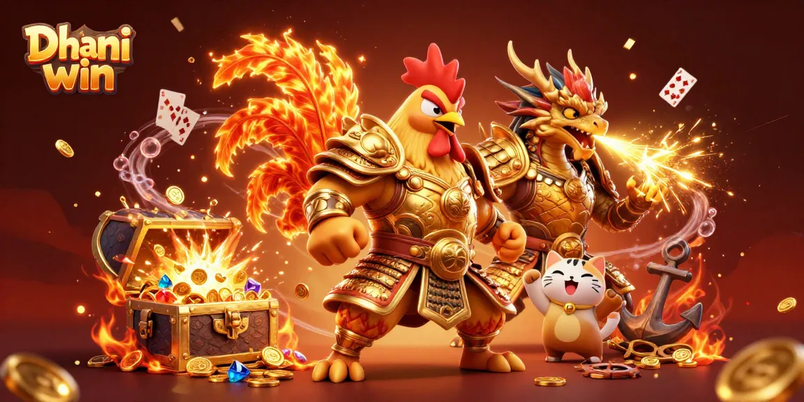 Dhani win brings excitement with a dynamic scene featuring characters battling alongside gold coins and winning elements