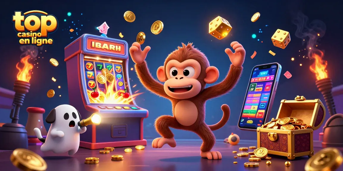 Visualisez une scène dynamique de casino avec le top casino en ligne où un singe poltergeist jongle des objets dorés.