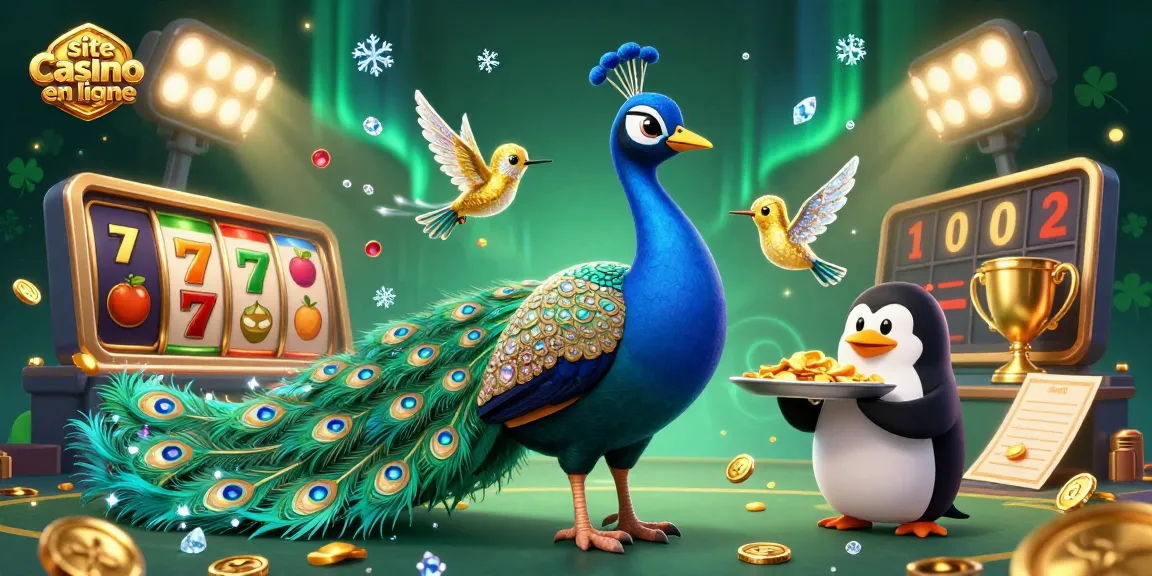 Venez découvrir le meilleur site casino en ligne avec un paon aristocratique et ses joyaux éclatants dans une ambiance dynamique et festive.