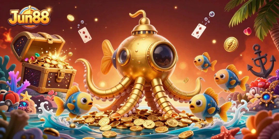Experience the thrilling world of Jun88 with a dynamic underwater casino scene filled with gold coins and vibrant gaming elements.