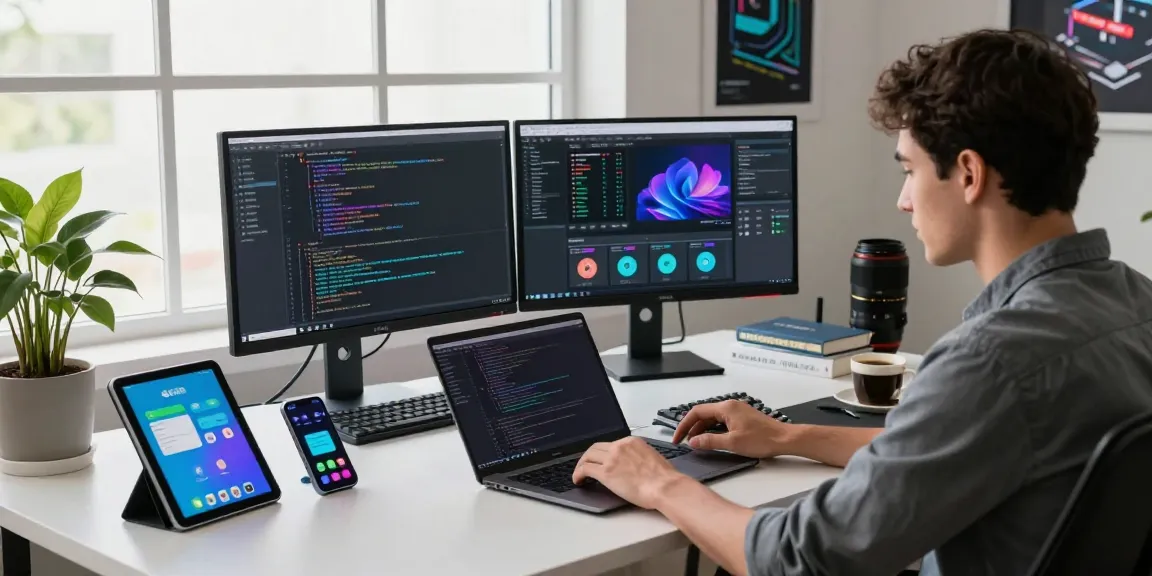 Innovative workspace with a developer coding while highlighting 纸飞机下载 in a modern tech environment with dual monitors.