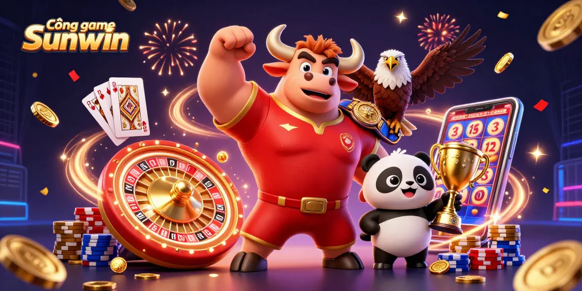 Cổng game Sunwin showcases a lively 3D illustration with a bull mascot, eagle, and panda surrounded by casino elements.