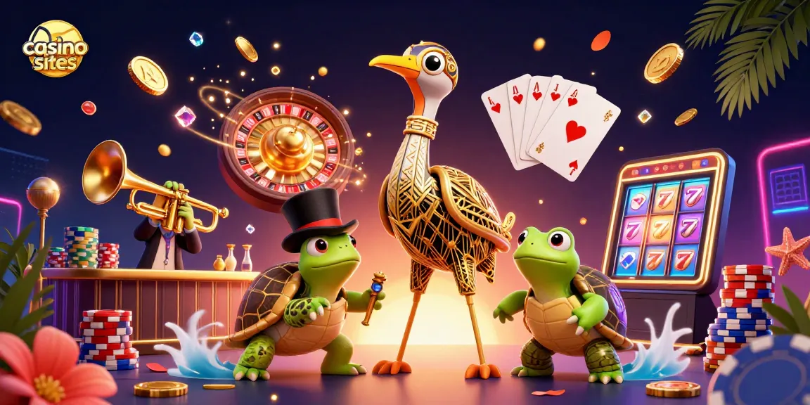 Engage with vibrant casino sites featuring a flapper crane and whimsical characters amidst golden coins and cards.