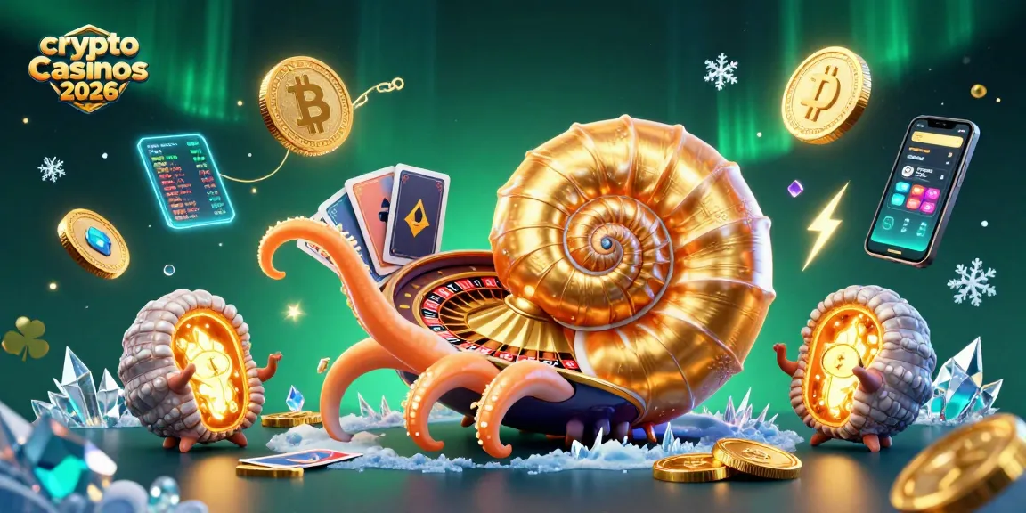 Illustration animée détaillée montrant les crypto casinos 2026 avec un nautile géant brillant et des pièces de cryptomonnaies.