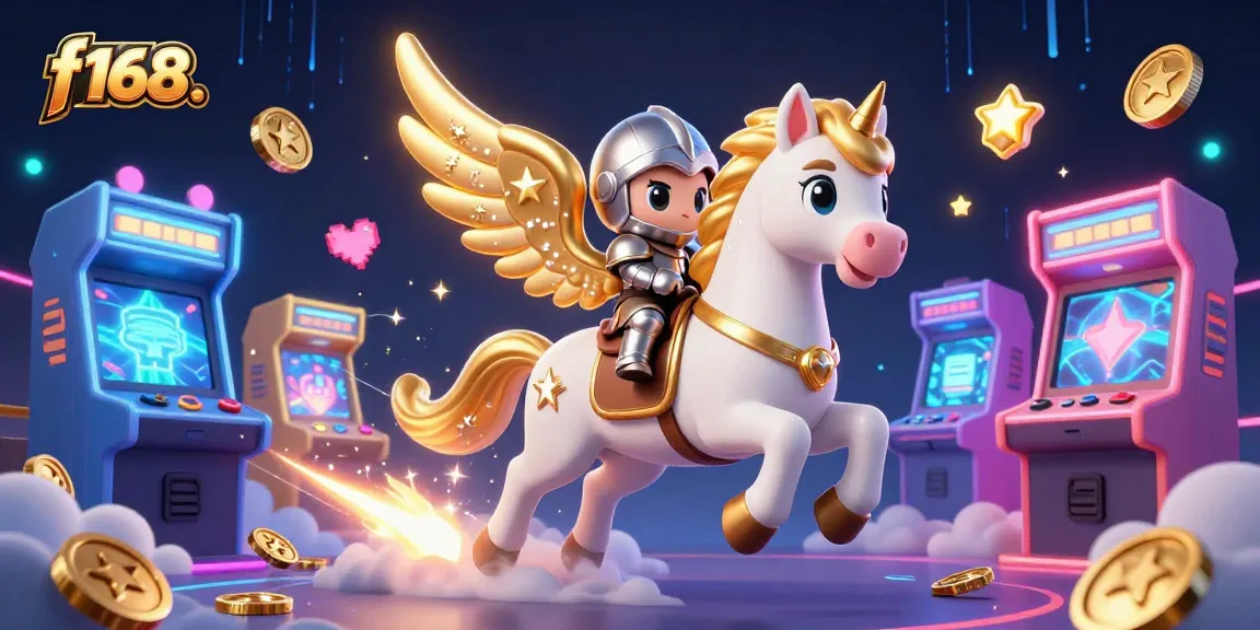 Experience the excitement of f168. gaming with this vibrant 3D illustration of knights and arcade machines.