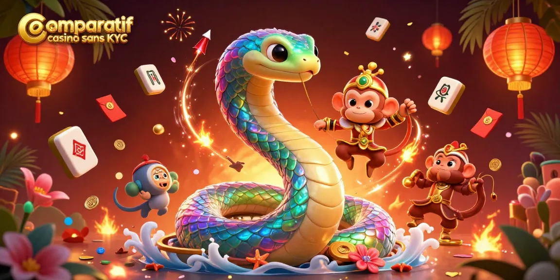Comparatif casino sans KYC: illustration dynamique d'un serpent coloré entouré d'éléments de jeu chinois.