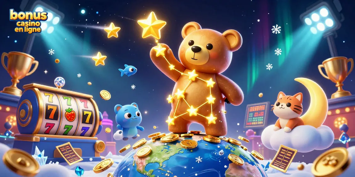 Visualisez un univers ludique avec des éléments de bonus casino en ligne, des étoiles dorées et des pièces en jetons animés.