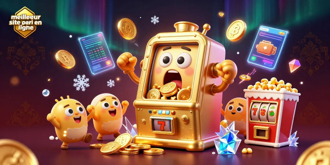 Découvrez le meilleur site de pari en ligne avec une machine à sous dorée récupérant ses gains, entourée de joyaux et de crypto-monnaies.