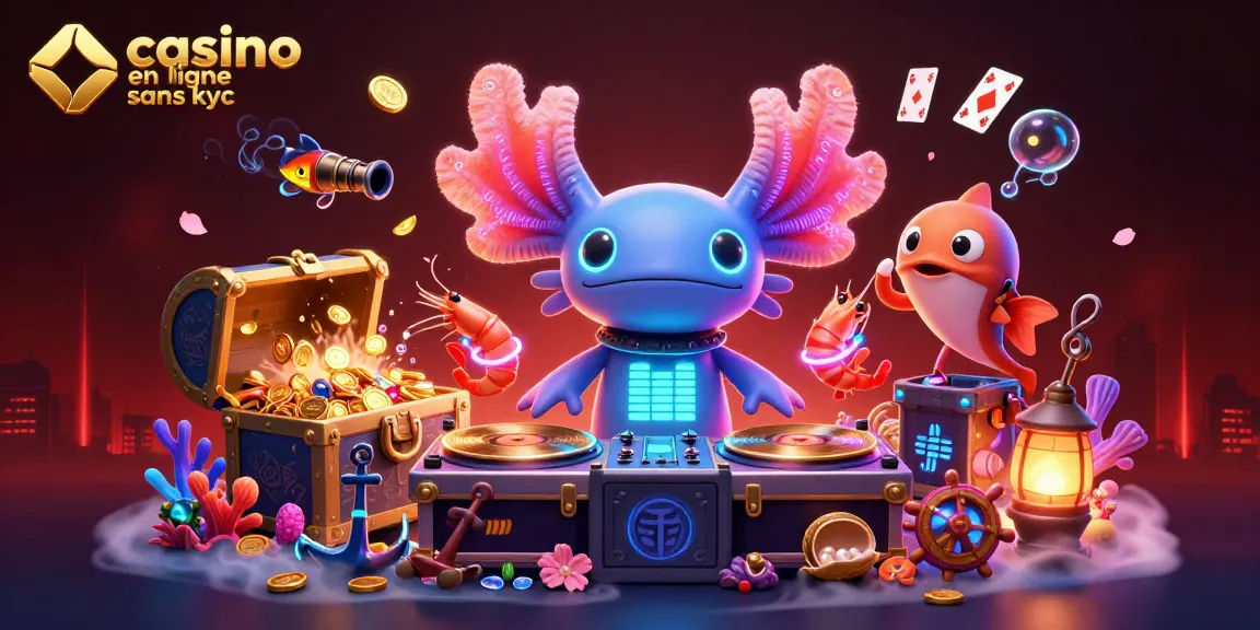 Jouer dans le casino en ligne sans KYC avec un DJ axolotl vibrant et des éléments de jeu colorés.