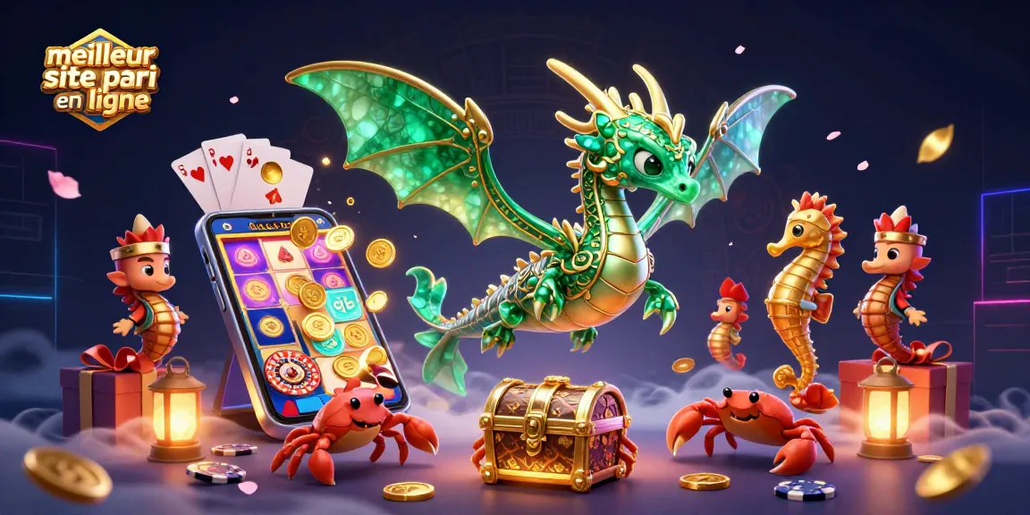 Découvrez le meilleur site pari en ligne avec une illustration captivante d'un dragon marin et des éléments de jeu colorés.