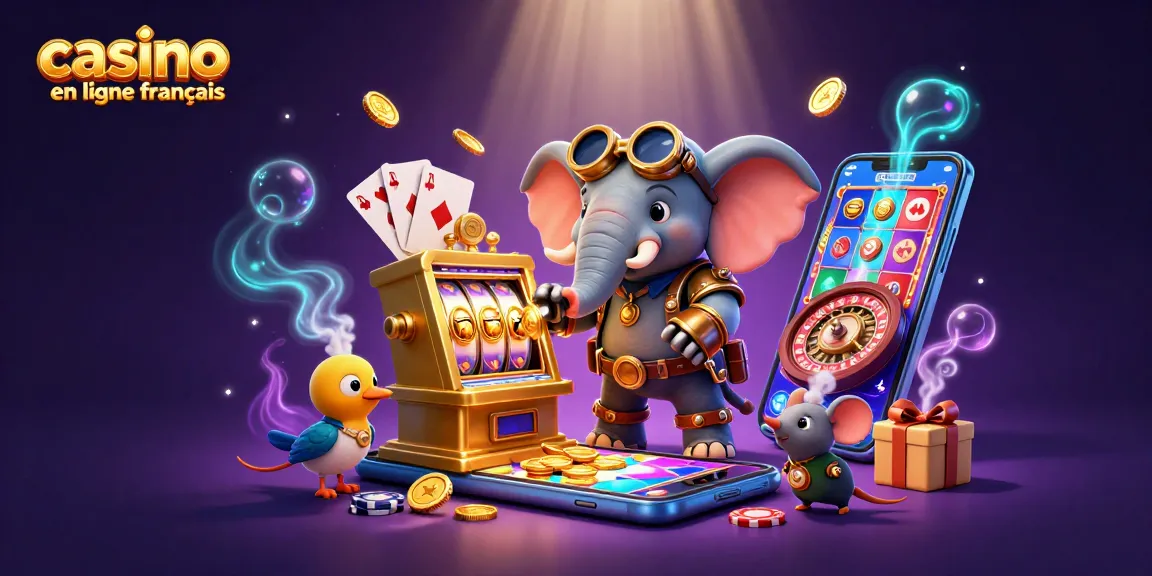 Des personnages animés de casino en ligne français illustrant des machines à sous et des jeux.