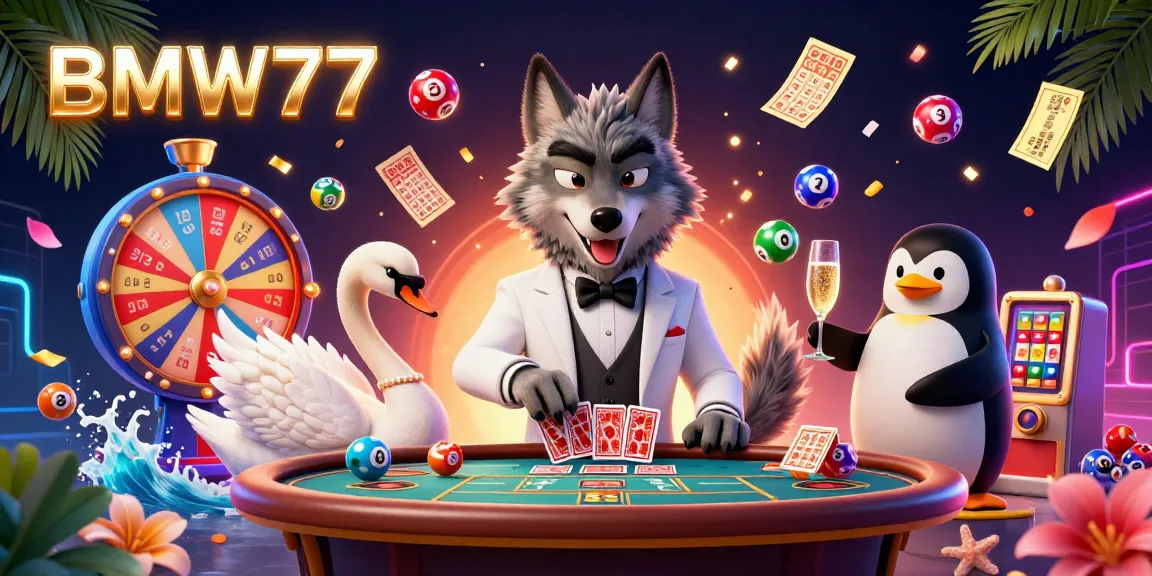 Experience the thrill of BMW777 with a lively scene featuring a wolf, swan, and penguin at a baccarat table.