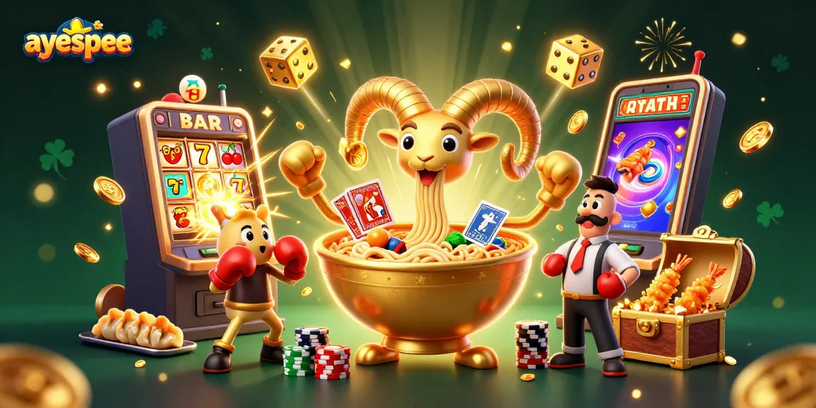 ayespee menghadirkan ilustrasi kasino dengan karakter menarik yang bermain slot dan mendukung permainan.