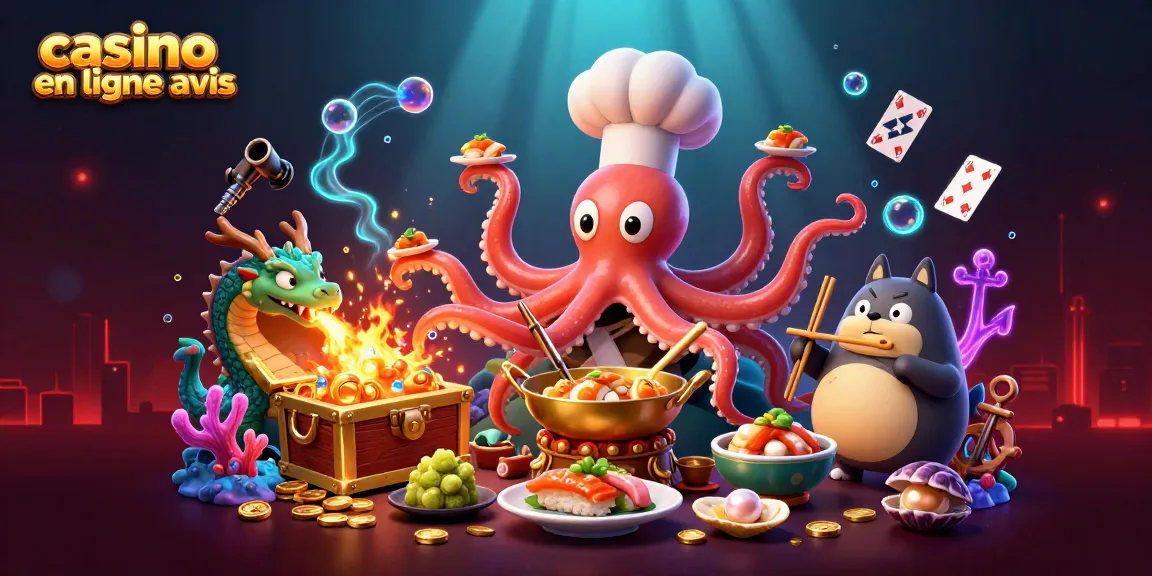 Découvrez l'illustration 3D du casino en ligne avis avec un chef sushi pieuvre et un dragon fantastique.