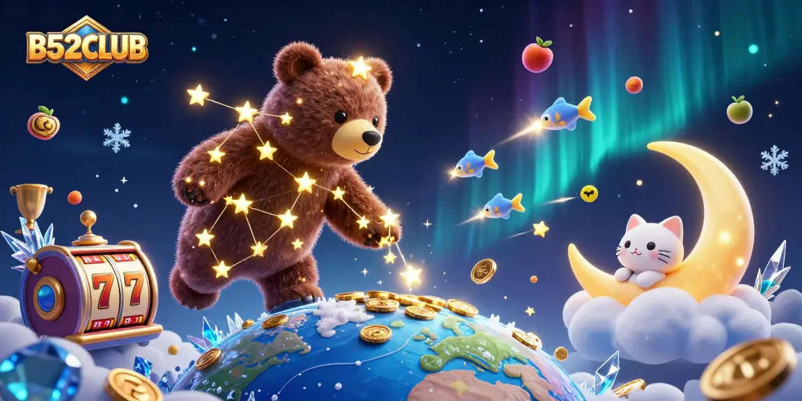 B52CLUB showcases a constellation bear scooping cash amidst dynamic slot game elements.
