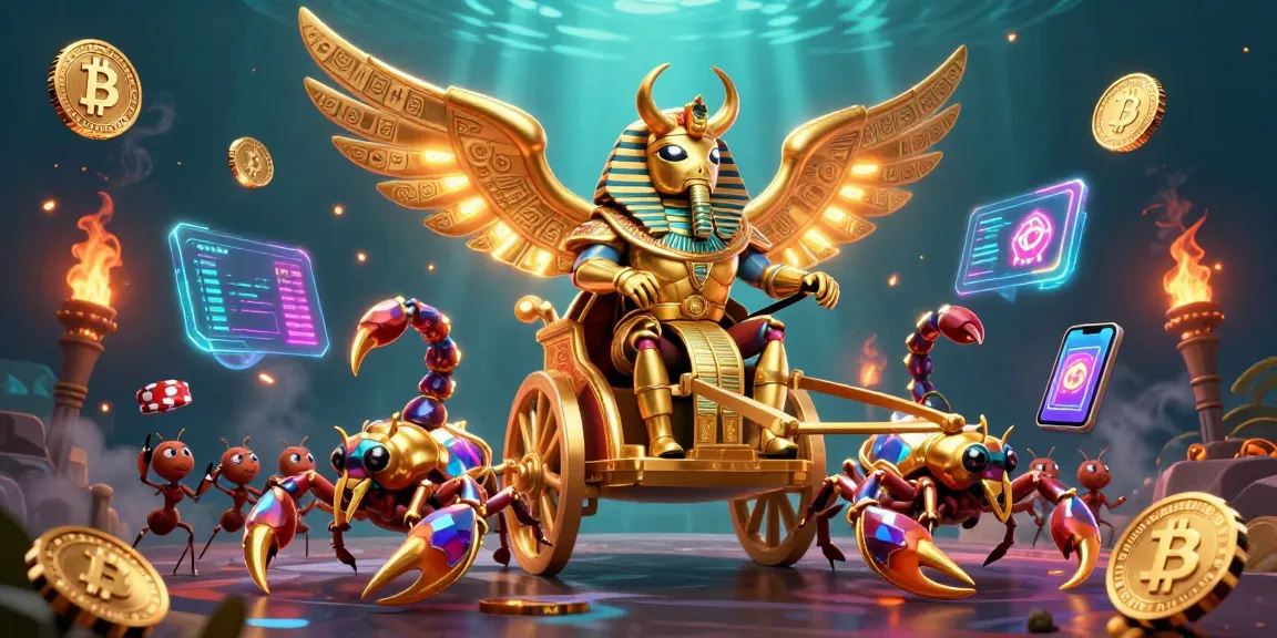 Jouer au Bitcoin casino avec une illustration animée de scarabée doré et éléments crypto.