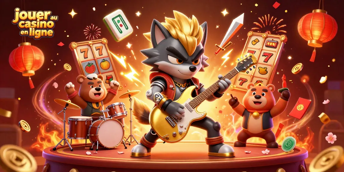 Jouer au casino en ligne avec un loup rock star et un ours batteur, entourés de symboles de jeux captivants.