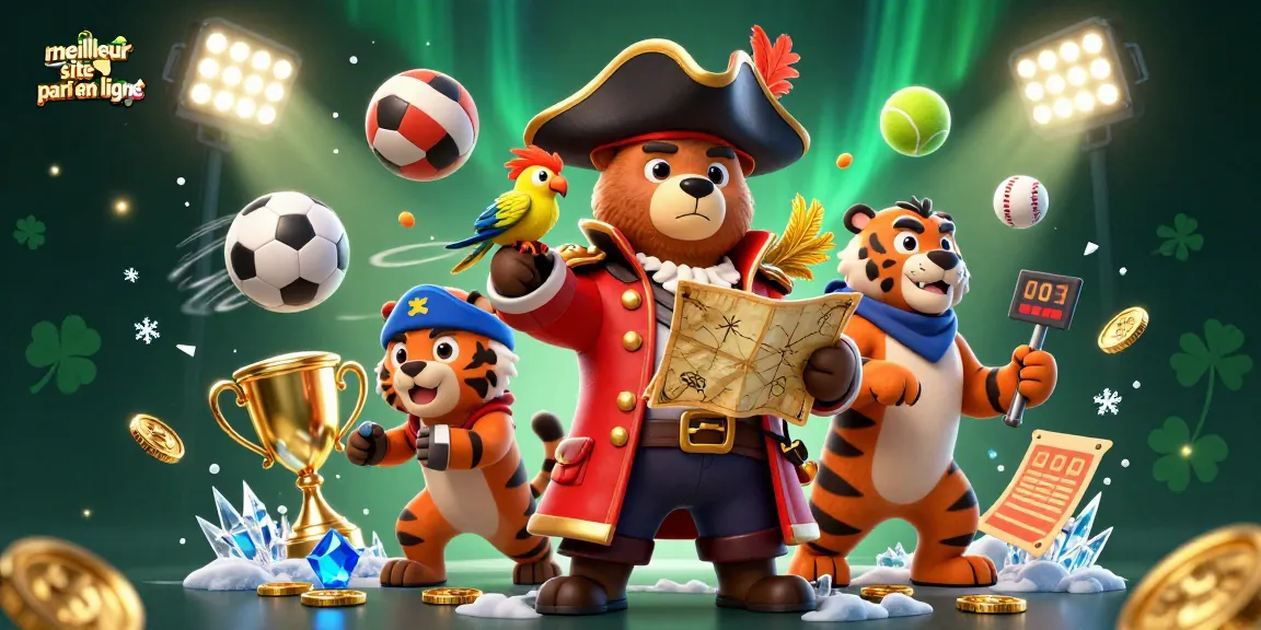 Pariez sur le meilleur site de paris en ligne avec un ours-pirate, un tigre et un perroquet au milieu d'éléments de sport.