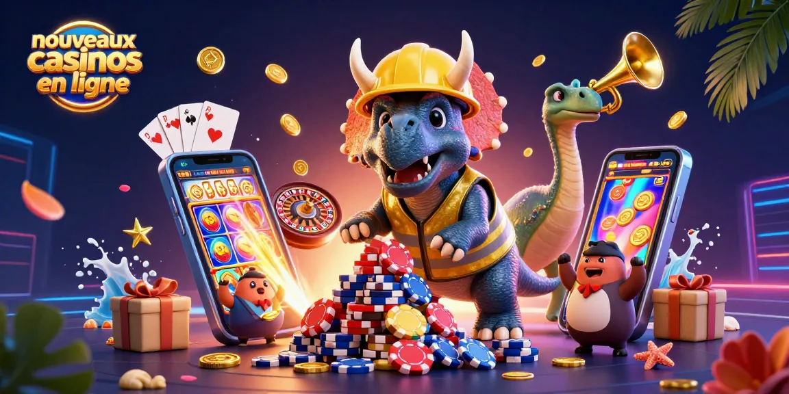 Découvrez les nouveaux casinos en ligne avec un triceratops et ses amis célébrant autour de jetons de poker.