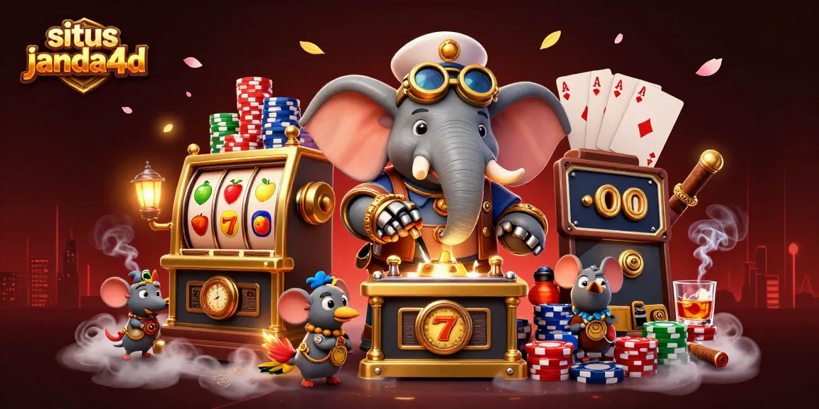 Gambarkan suasana permainan situs janda4d dengan gajah steampunk beraksi di mesin slot emas.